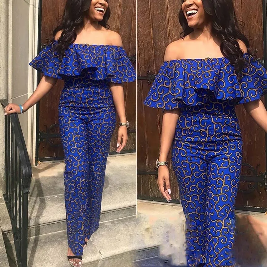 African Clothes Women Blue Color Ruffles Strapless Off Shoulder Jumpsuit