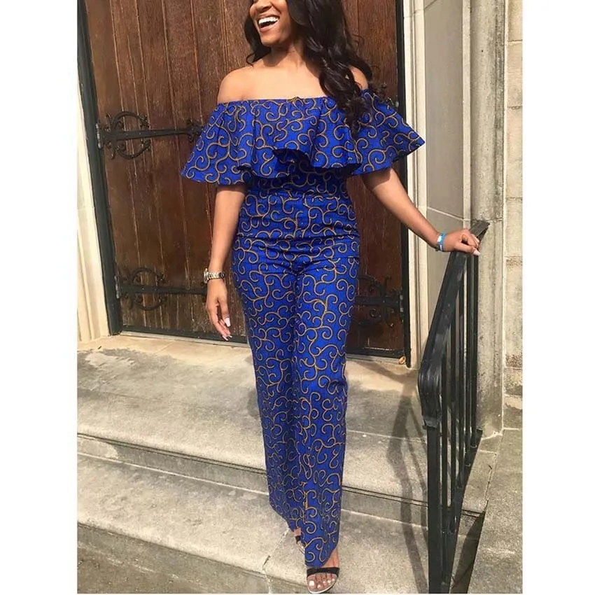 African Clothes Women Blue Color Ruffles Strapless Off Shoulder Jumpsuit