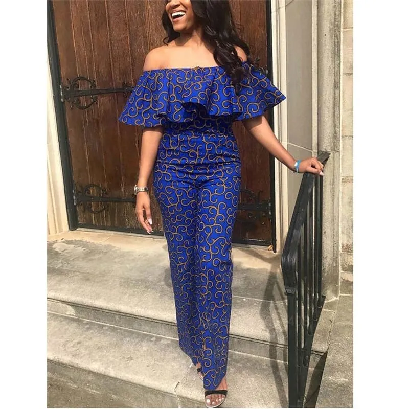African Clothes Women Blue Color Ruffles Strapless Off Shoulder Jumpsuit
