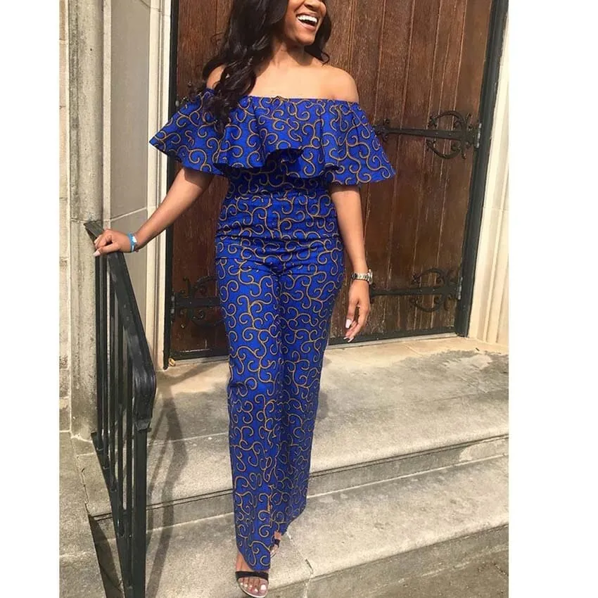 African Clothes Women Blue Color Ruffles Strapless Off Shoulder Jumpsuit