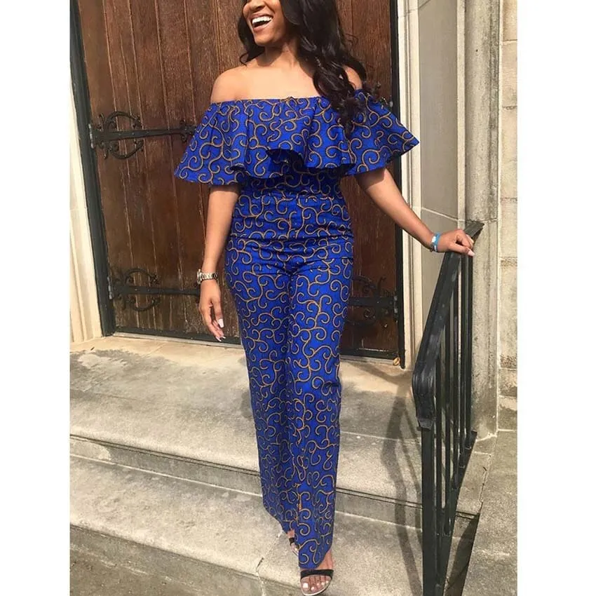 African Clothes Women Blue Color Ruffles Strapless Off Shoulder Jumpsuit