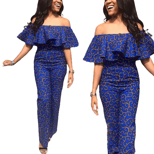 African Clothes Women Blue Color Ruffles Strapless Off Shoulder Jumpsuit