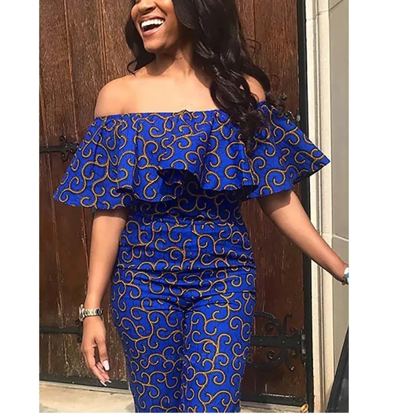 African Clothes Women Blue Color Ruffles Strapless Off Shoulder Jumpsuit