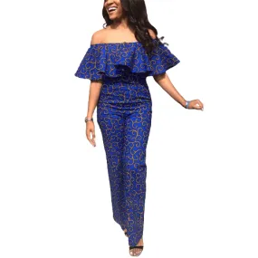 African Clothes Women Blue Color Ruffles Strapless Off Shoulder Jumpsuit