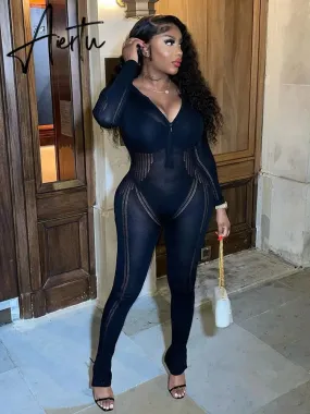 Aiertu Knitted Rompers Women Jumpsuit Stretch Hollow Out Zipper Sexy Summer Jumpsuits Club Outfits Women One Piece Overalls
