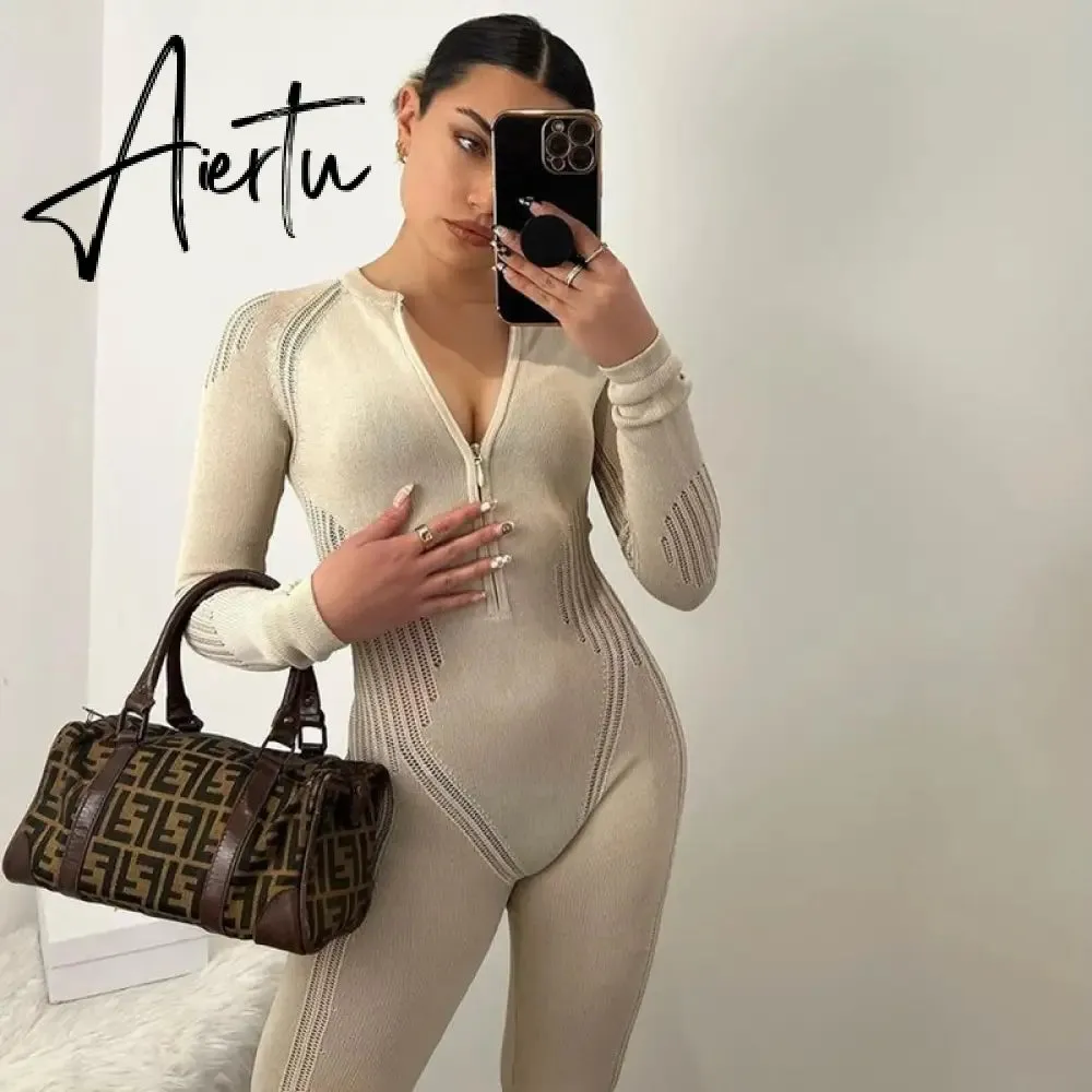 Aiertu Knitted Rompers Women Jumpsuit Stretch Hollow Out Zipper Sexy Summer Jumpsuits Club Outfits Women One Piece Overalls