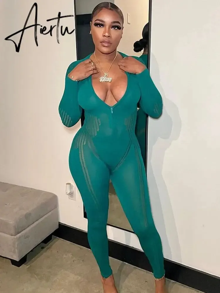 Aiertu Knitted Rompers Women Jumpsuit Stretch Hollow Out Zipper Sexy Summer Jumpsuits Club Outfits Women One Piece Overalls
