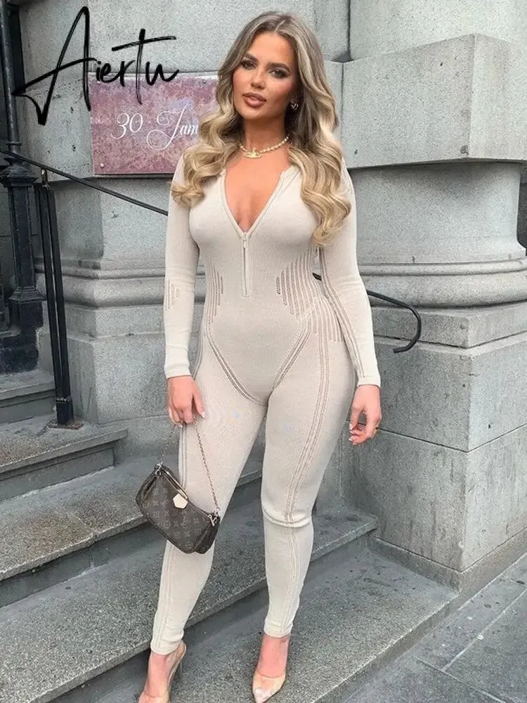 Aiertu Knitted Rompers Women Jumpsuit Stretch Hollow Out Zipper Sexy Summer Jumpsuits Club Outfits Women One Piece Overalls