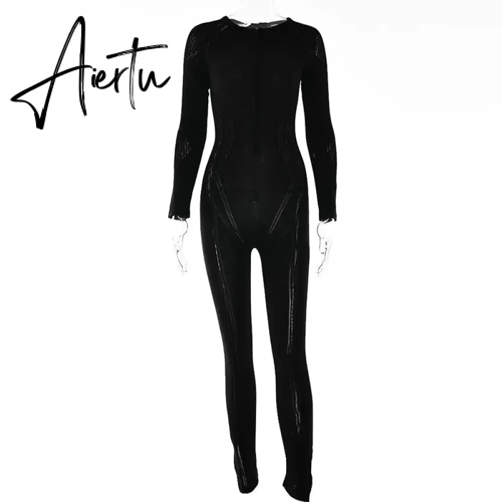 Aiertu Knitted Rompers Women Jumpsuit Stretch Hollow Out Zipper Sexy Summer Jumpsuits Club Outfits Women One Piece Overalls