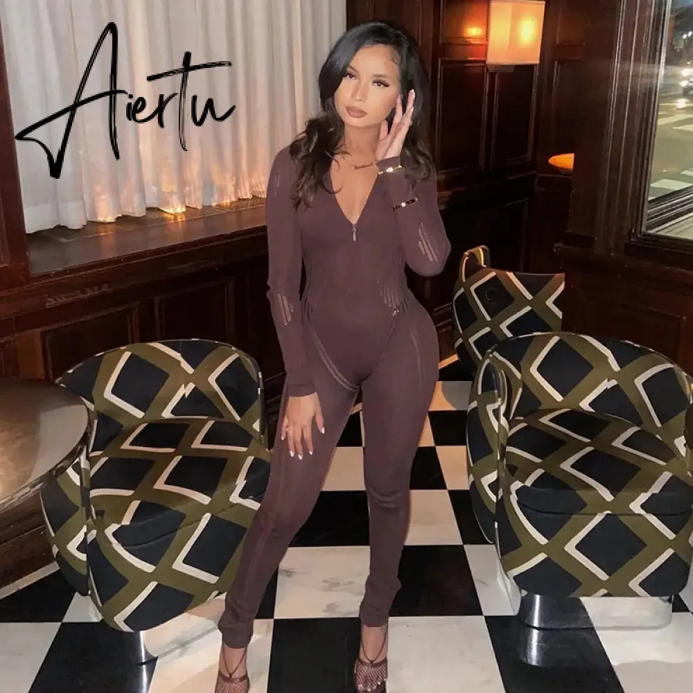 Aiertu Knitted Rompers Women Jumpsuit Stretch Hollow Out Zipper Sexy Summer Jumpsuits Club Outfits Women One Piece Overalls