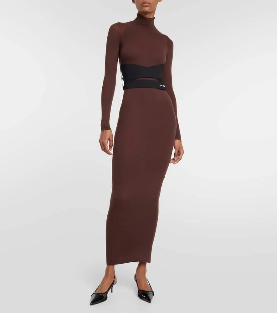 Alaia Belted jersey turtleneck maxi dress