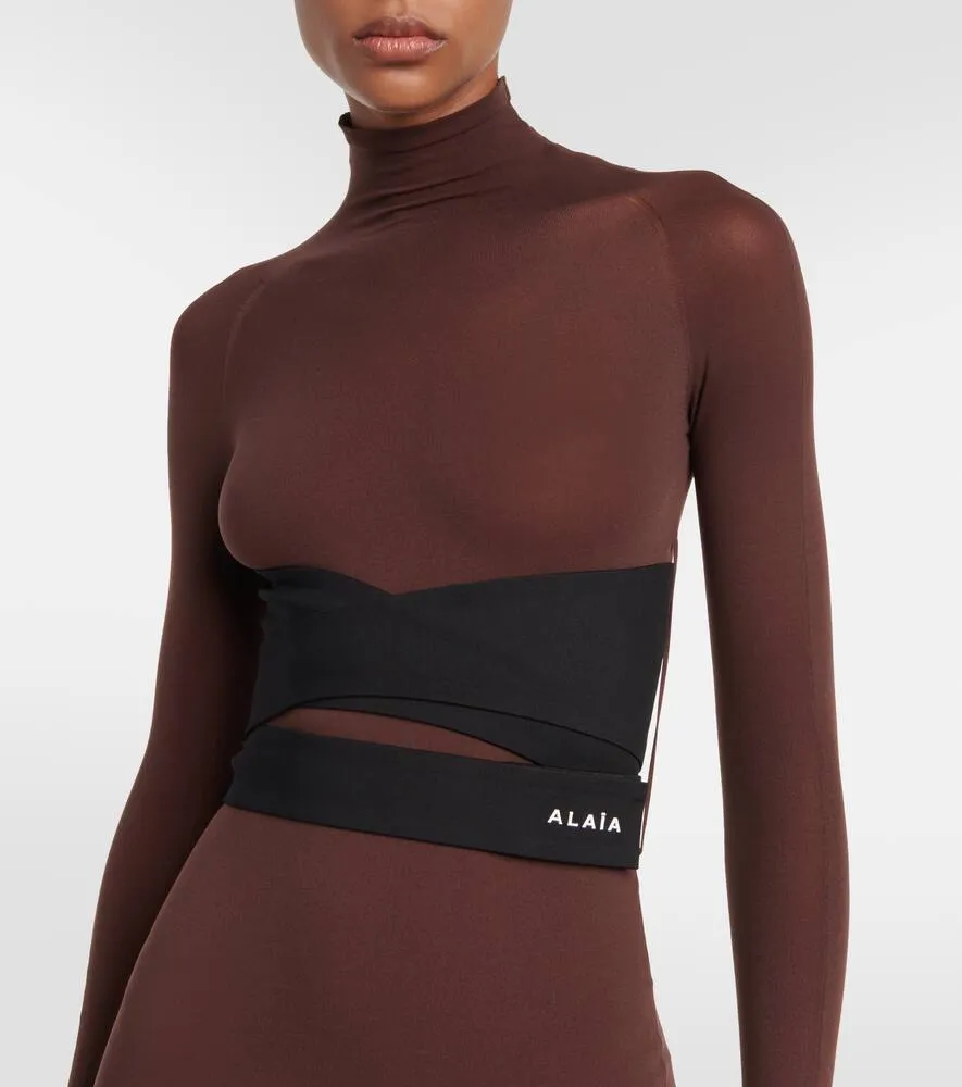 Alaia Belted jersey turtleneck maxi dress