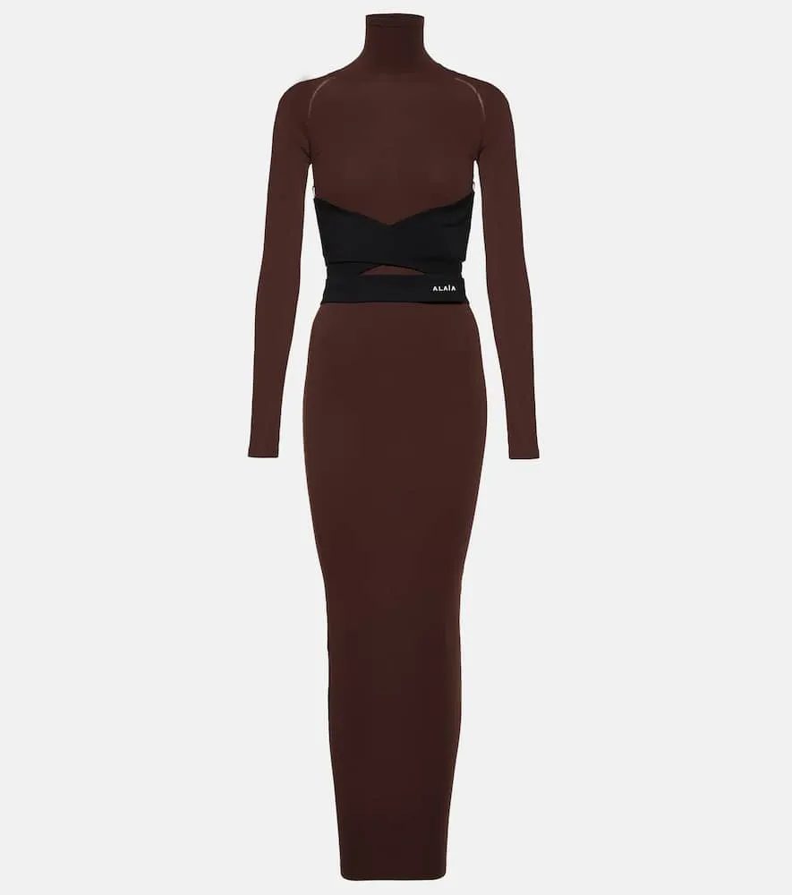 Alaia Belted jersey turtleneck maxi dress