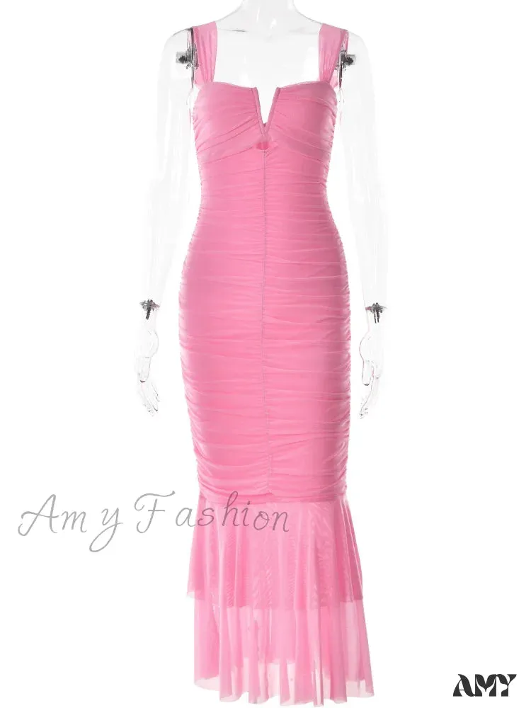 Amy Fashion - Sexy Sleeveless Strap Evening for Women Low Cut Ruched Bodycon  Elegant Mermaid Party Vestidos