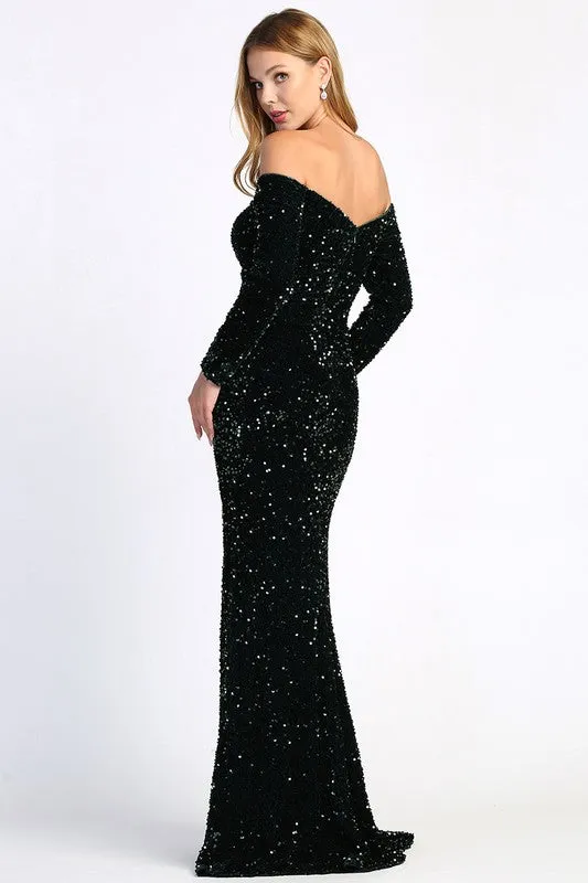 Black Off-the-shoulder Sequined Luxury Long Evening Dress