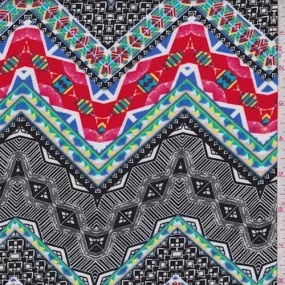 Black/White/Red Zig Zag Rayon Challis Fabric