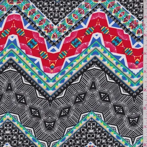Black/White/Red Zig Zag Rayon Challis Fabric