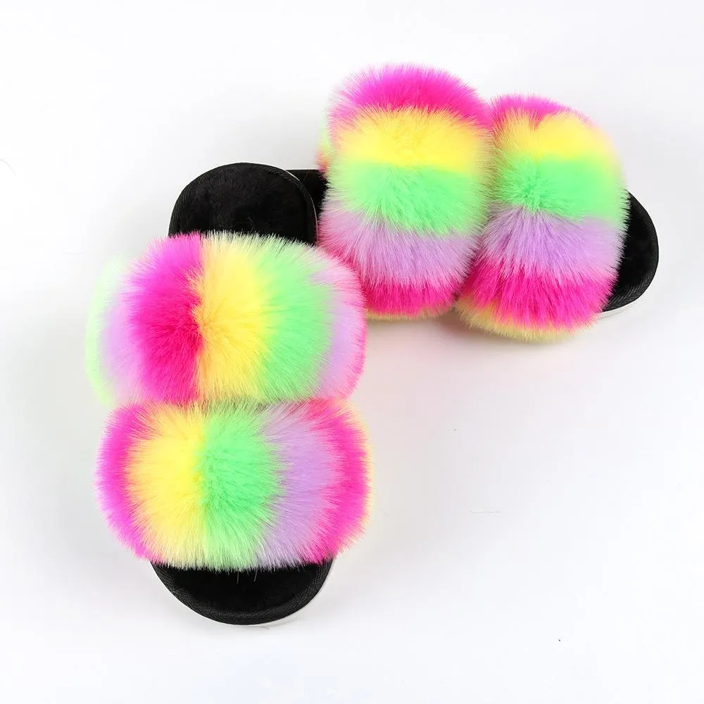 Chicvane Color Block Open Toe Fluffy Indoor Slippers Flat Slide Shoes