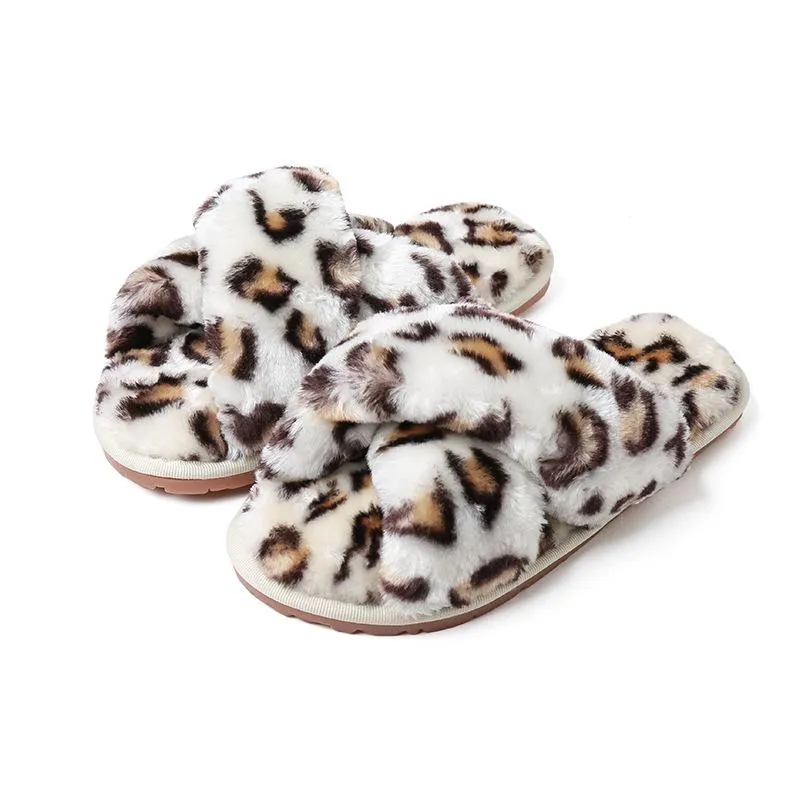 Chicvane Womens Leopard Printed Criss Cross Faux Fur Open Toe Fluffy Slide Sleepers
