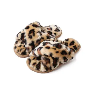 Chicvane Womens Leopard Printed Criss Cross Faux Fur Open Toe Fluffy Slide Sleepers