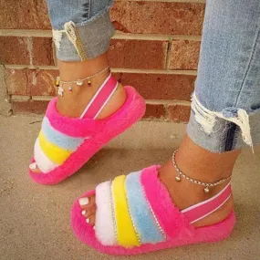 Chicvane Women's Rainbow Fur Open Toe Fluffy Elastic Strap Slide Sleeps