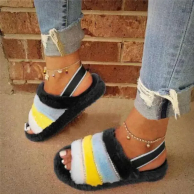 Chicvane Women's Rainbow Fur Open Toe Fluffy Elastic Strap Slide Sleeps