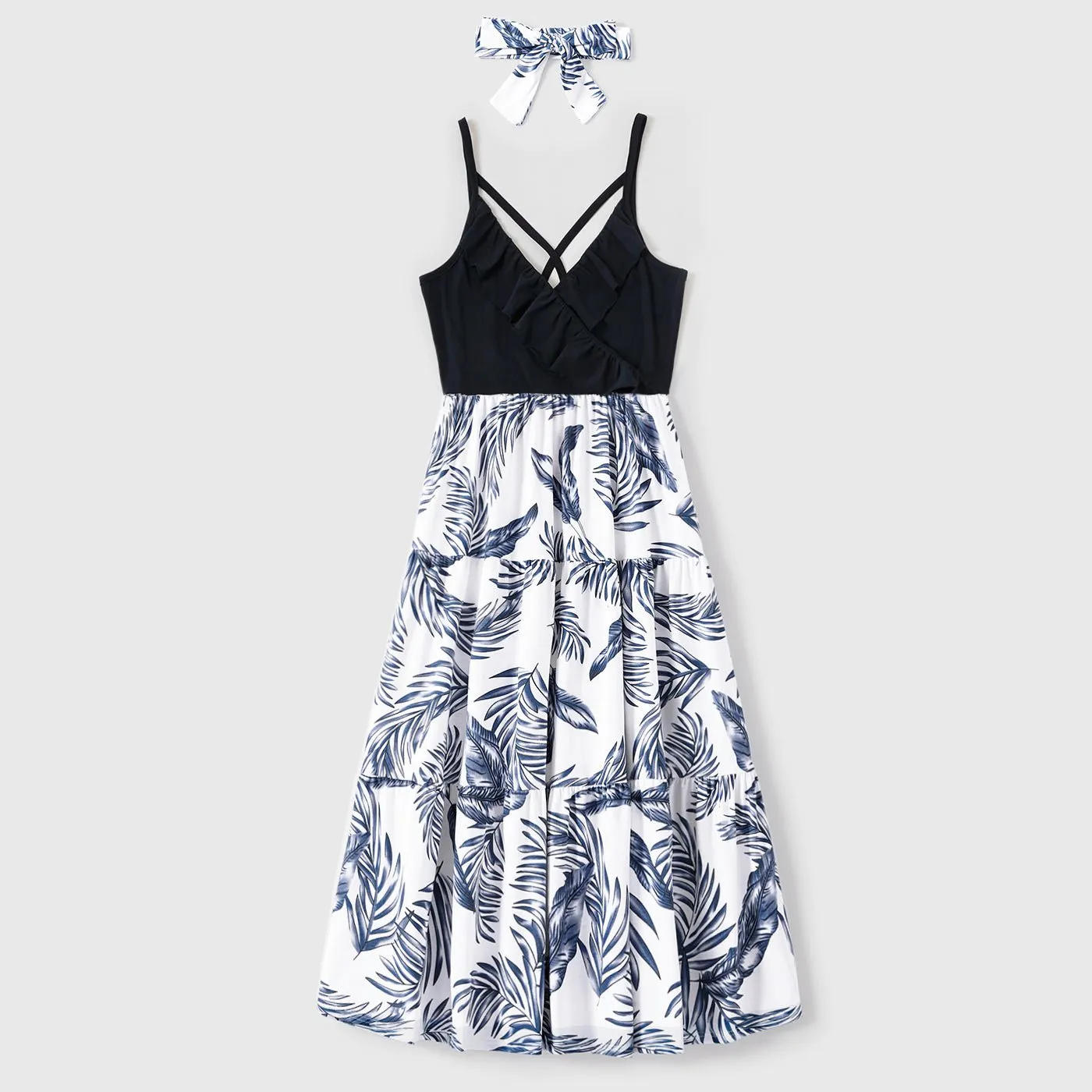 Family Matching Cotton Short-sleeve T-shirt and Plant Print Naia? Spliced Ruffle Trim Cami Dresses Sets