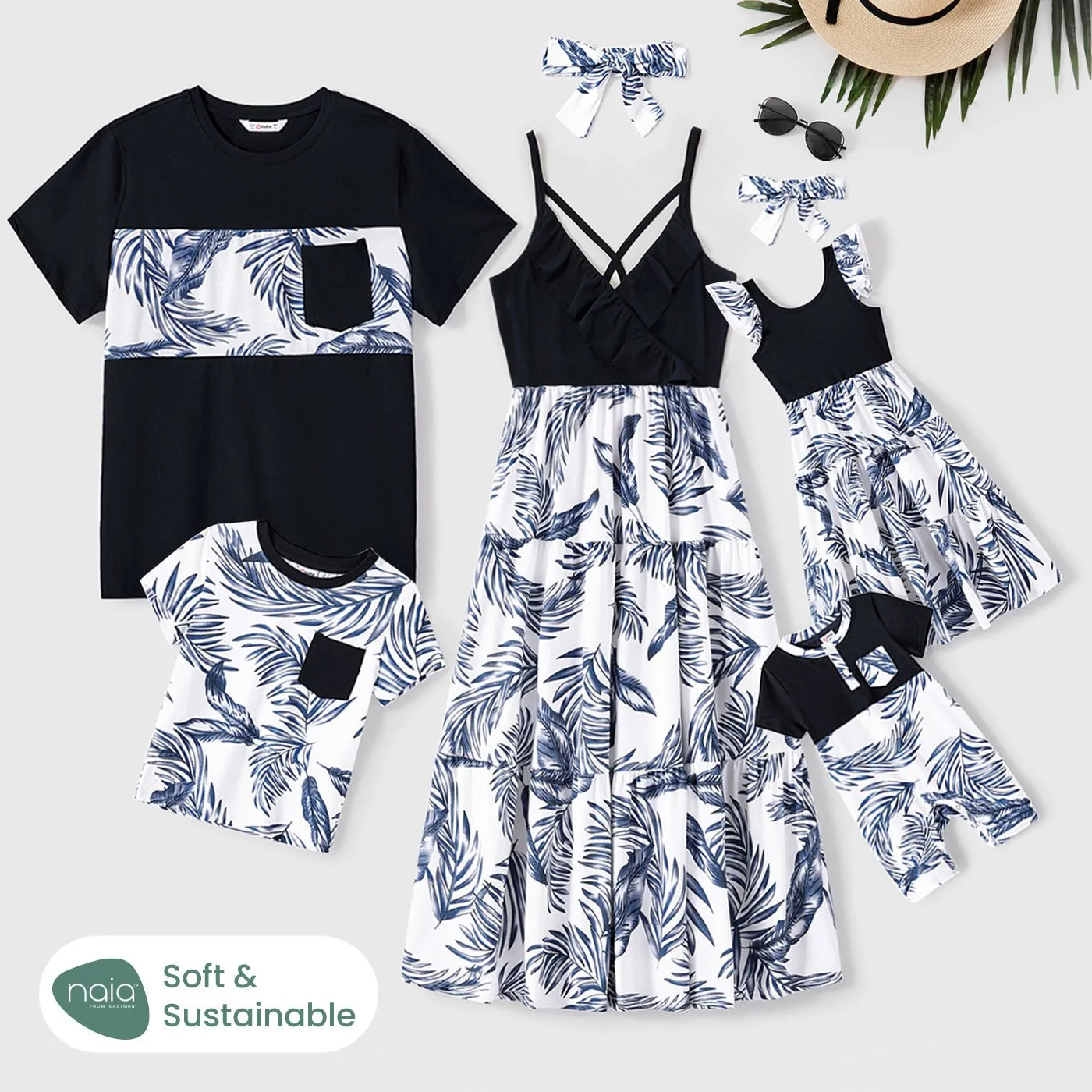 Family Matching Cotton Short-sleeve T-shirt and Plant Print Naia? Spliced Ruffle Trim Cami Dresses Sets