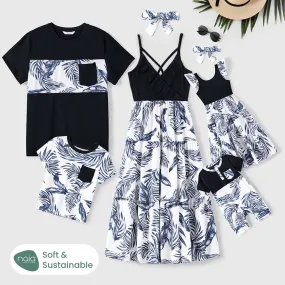 Family Matching Cotton Short-sleeve T-shirt and Plant Print Naia? Spliced Ruffle Trim Cami Dresses Sets