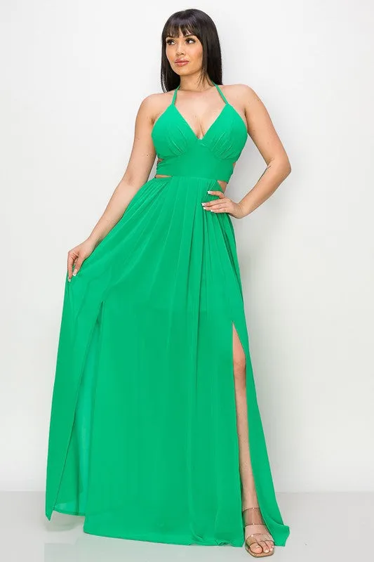 Green Maxi Dress Tie Neck Double Tie/open Back Slit