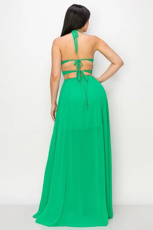 Green Maxi Dress Tie Neck Double Tie/open Back Slit