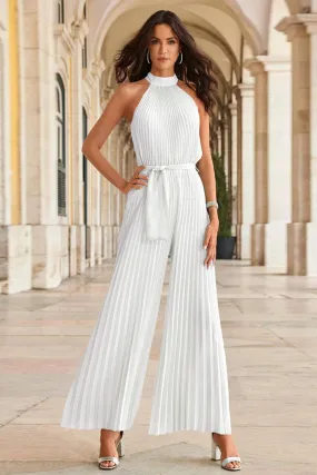 Halter Tie-Front Pleated Wide Leg Jumpsuits