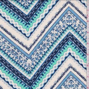 Ivory/Navy/Sky Deco Chevron Rayon Challis Fabric