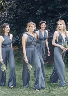 Jumpsuit/Pantsuit Sleeveless Long/Floor-Length Jersey Bridesmaid Dresses With Pleated Laura BF2P0025397