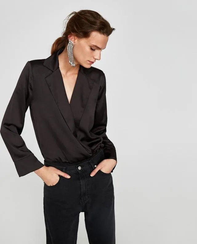 Long Sleeve Sexy Deep V-neck Solid Color Tops