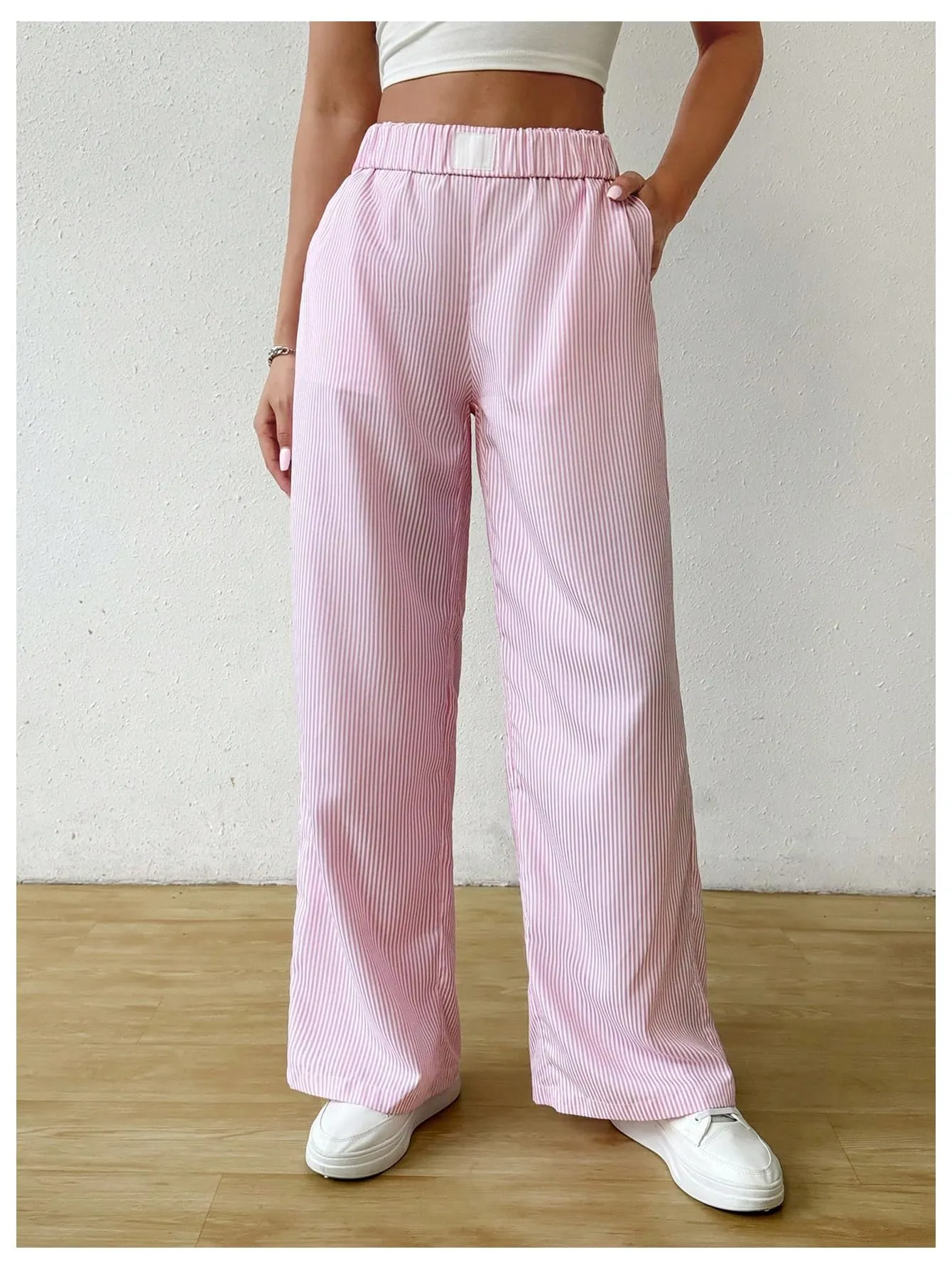 MakeMeChic Women's Striped Print Straight Leg Pants Elastic Waist Slant Pocket Trousers Pink Small