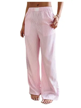 MakeMeChic Women's Striped Print Straight Leg Pants Elastic Waist Slant Pocket Trousers Pink Small