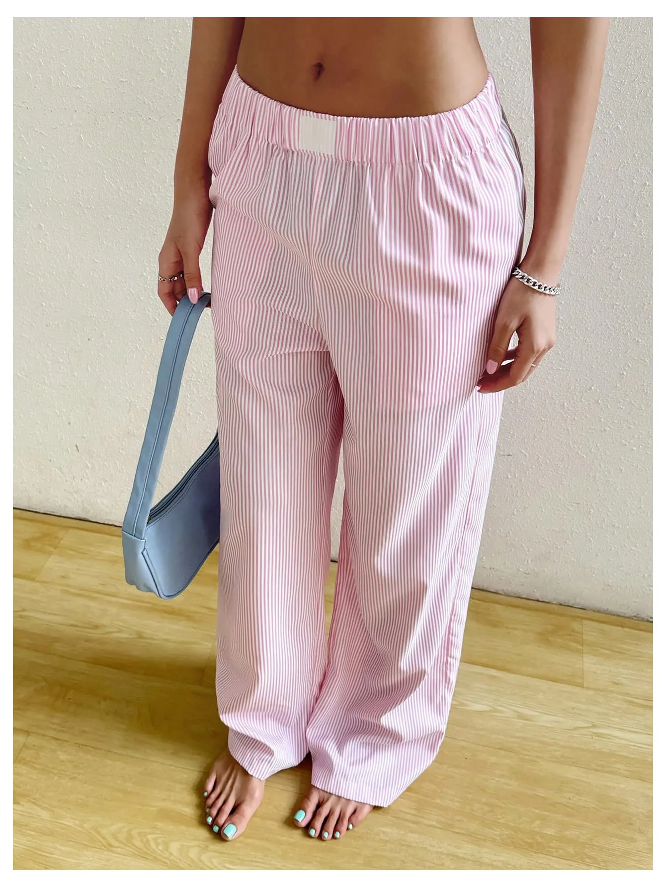 MakeMeChic Women's Striped Print Straight Leg Pants Elastic Waist Slant Pocket Trousers Pink Small