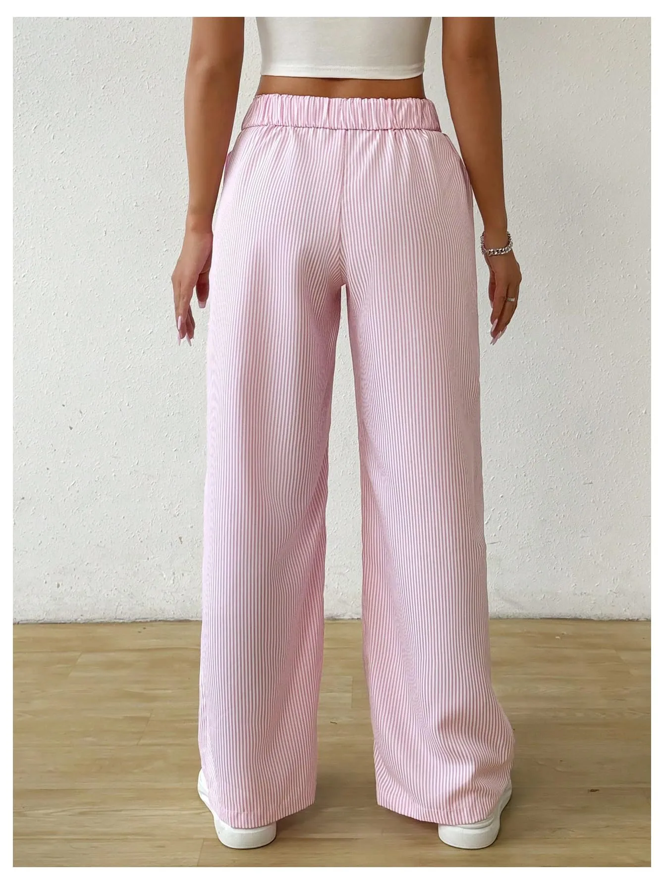 MakeMeChic Women's Striped Print Straight Leg Pants Elastic Waist Slant Pocket Trousers Pink Small