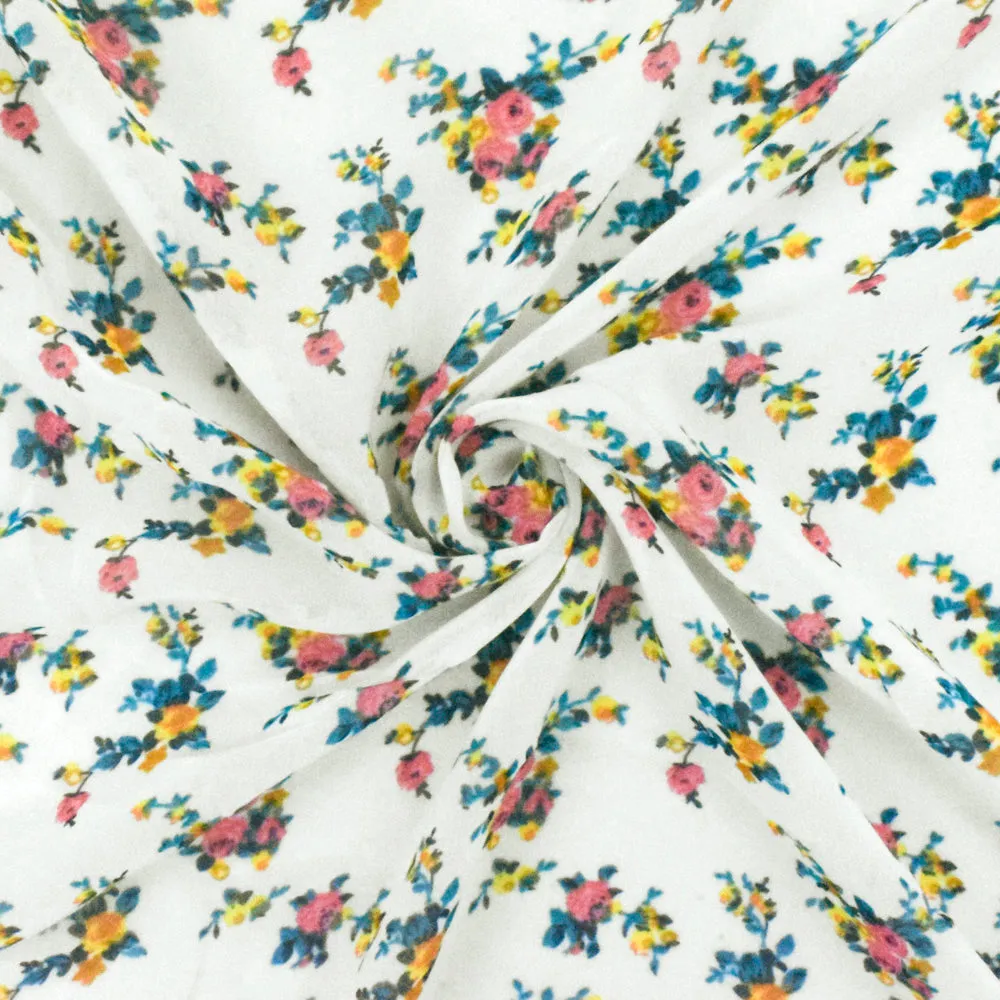 Paper White-Green-Multi Floral Printed Polyester Chiffon Woven Fabric