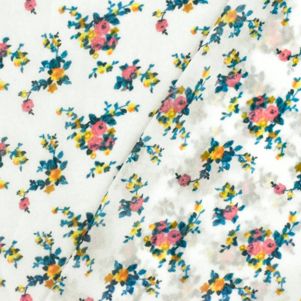 Paper White-Green-Multi Floral Printed Polyester Chiffon Woven Fabric