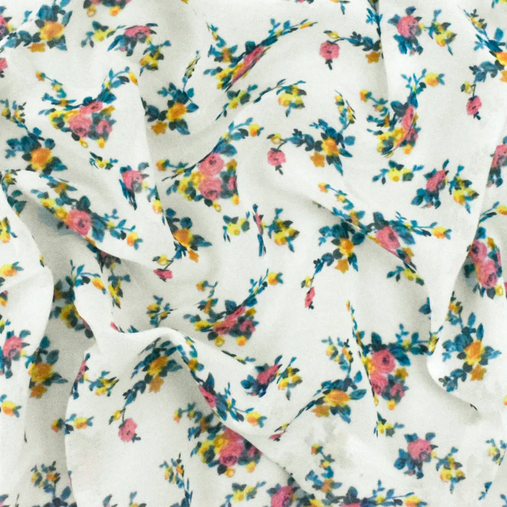 Paper White-Green-Multi Floral Printed Polyester Chiffon Woven Fabric