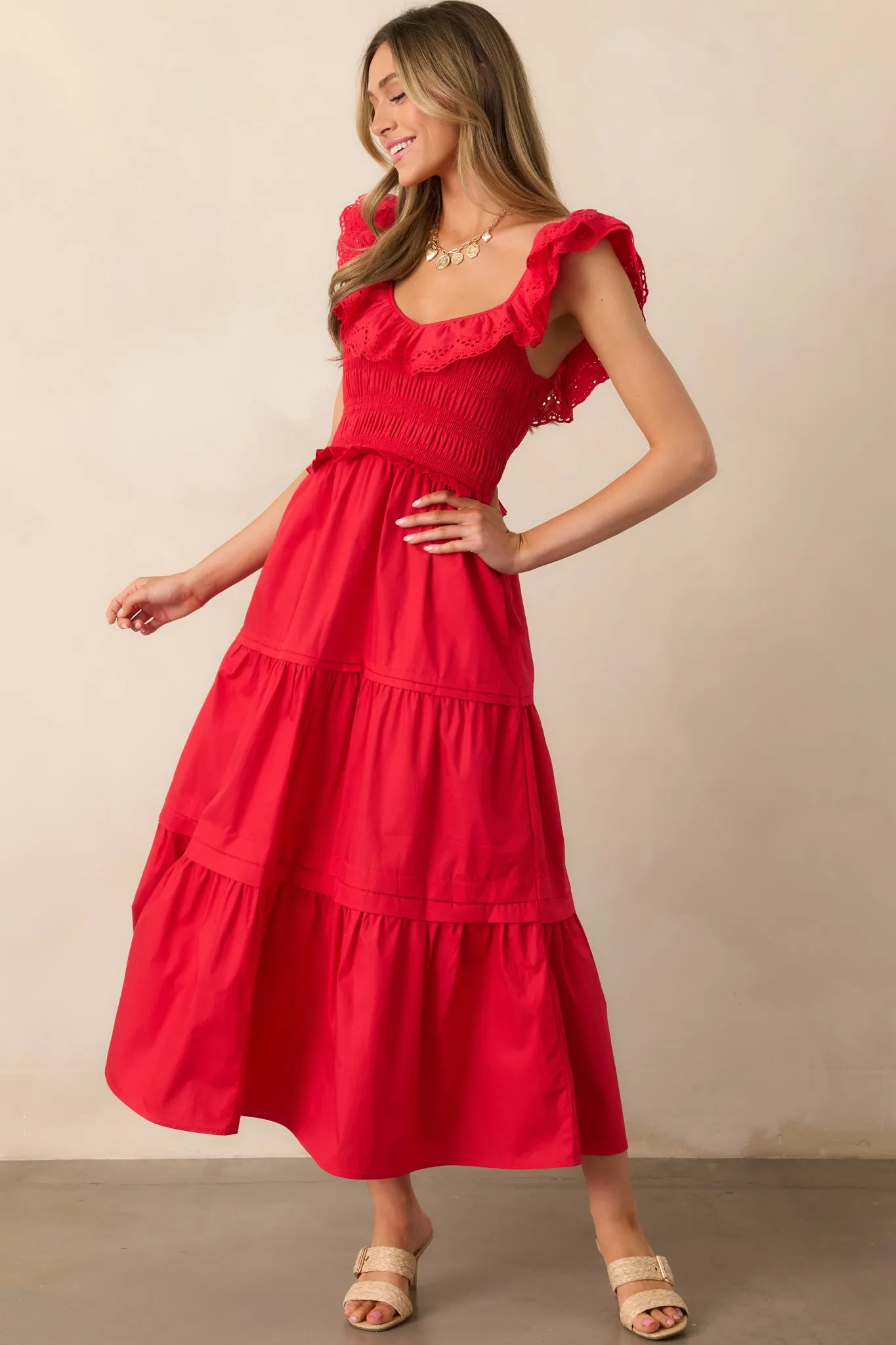 Patio Sunsets Cotton Red Maxi Dress