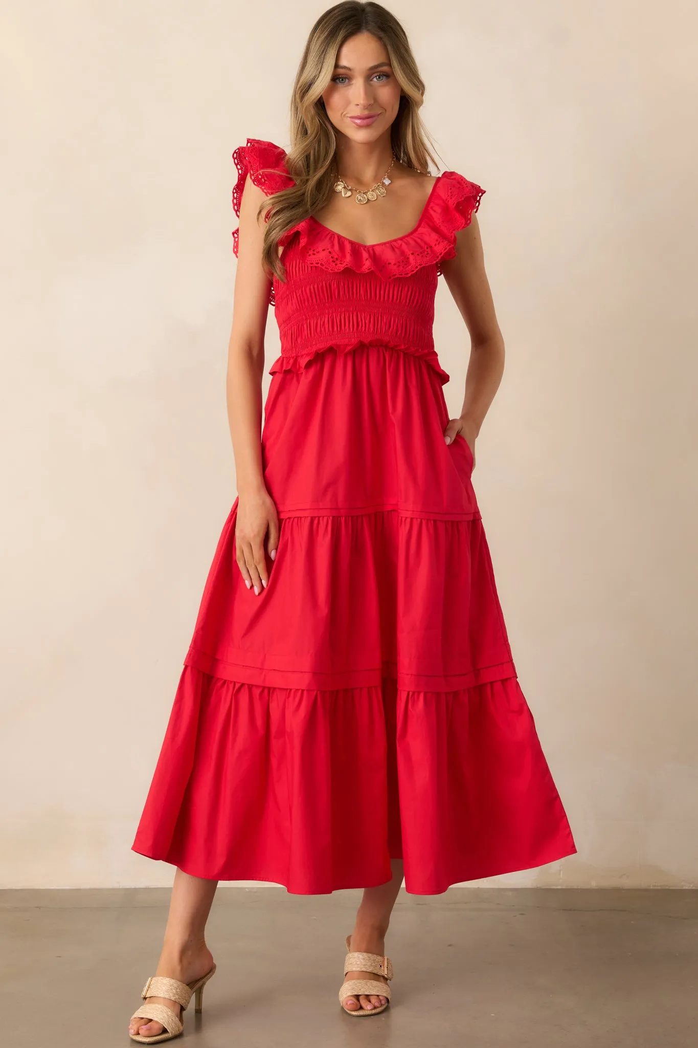 Patio Sunsets Cotton Red Maxi Dress