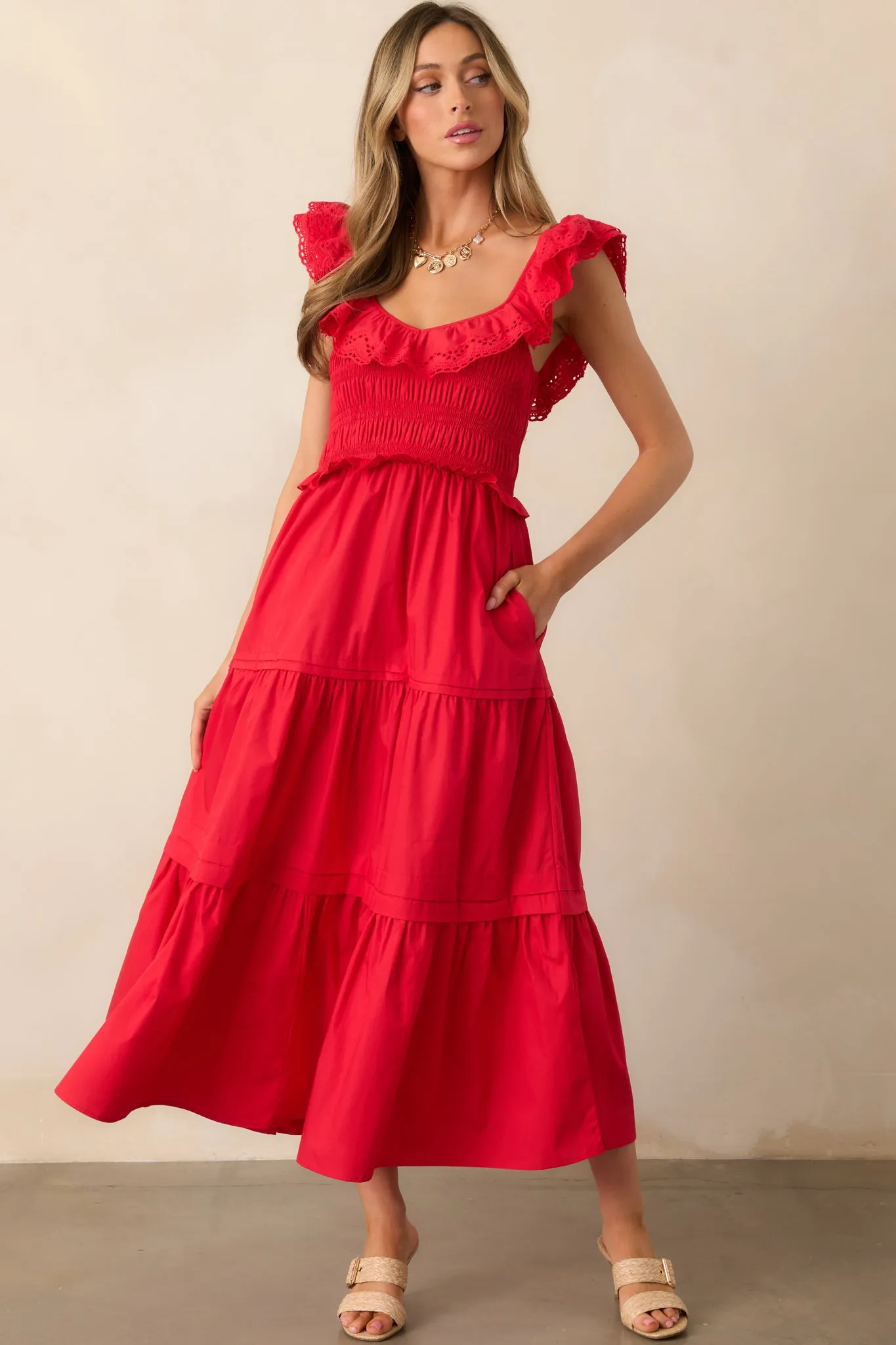 Patio Sunsets Cotton Red Maxi Dress