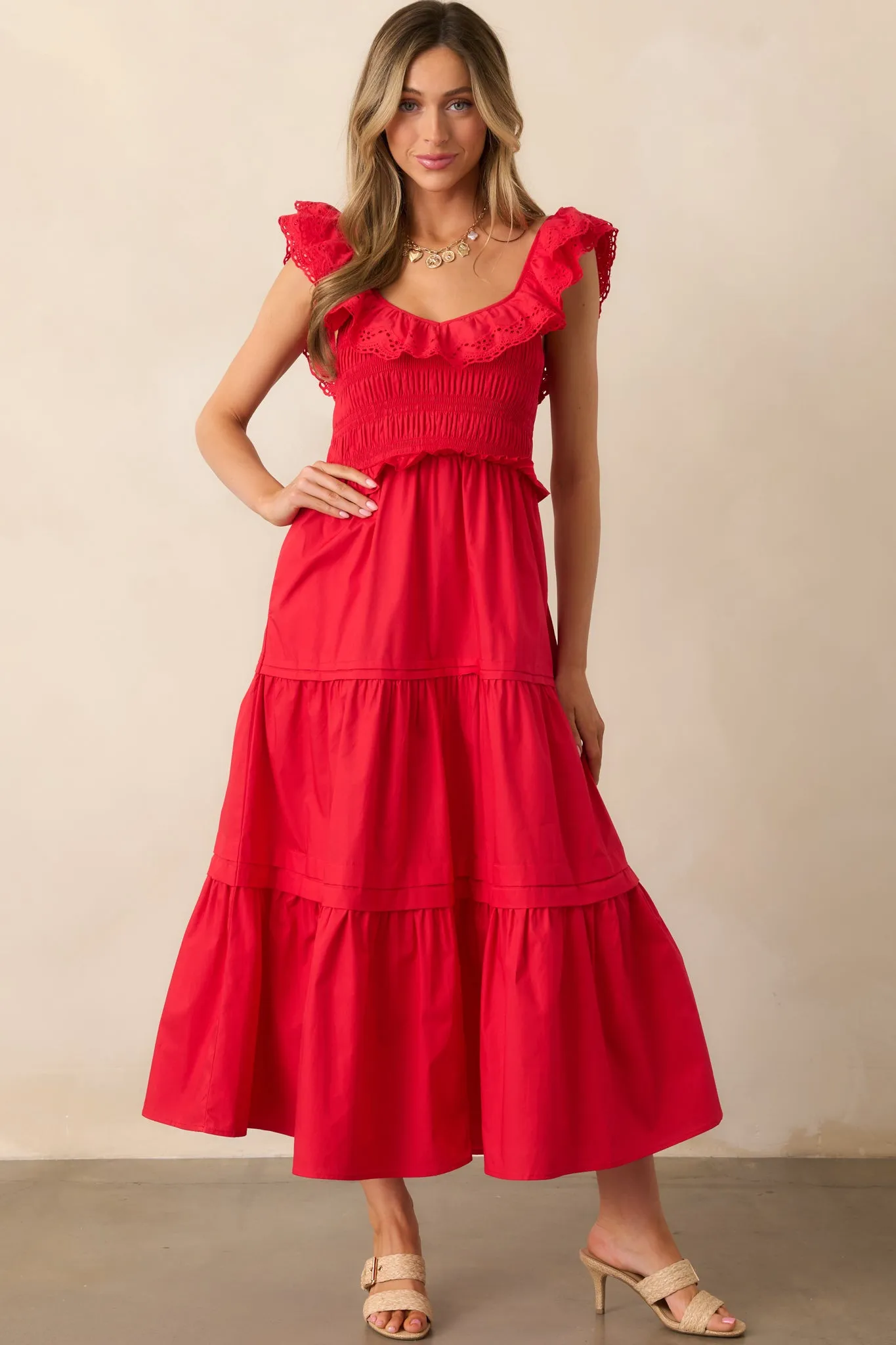 Patio Sunsets Cotton Red Maxi Dress