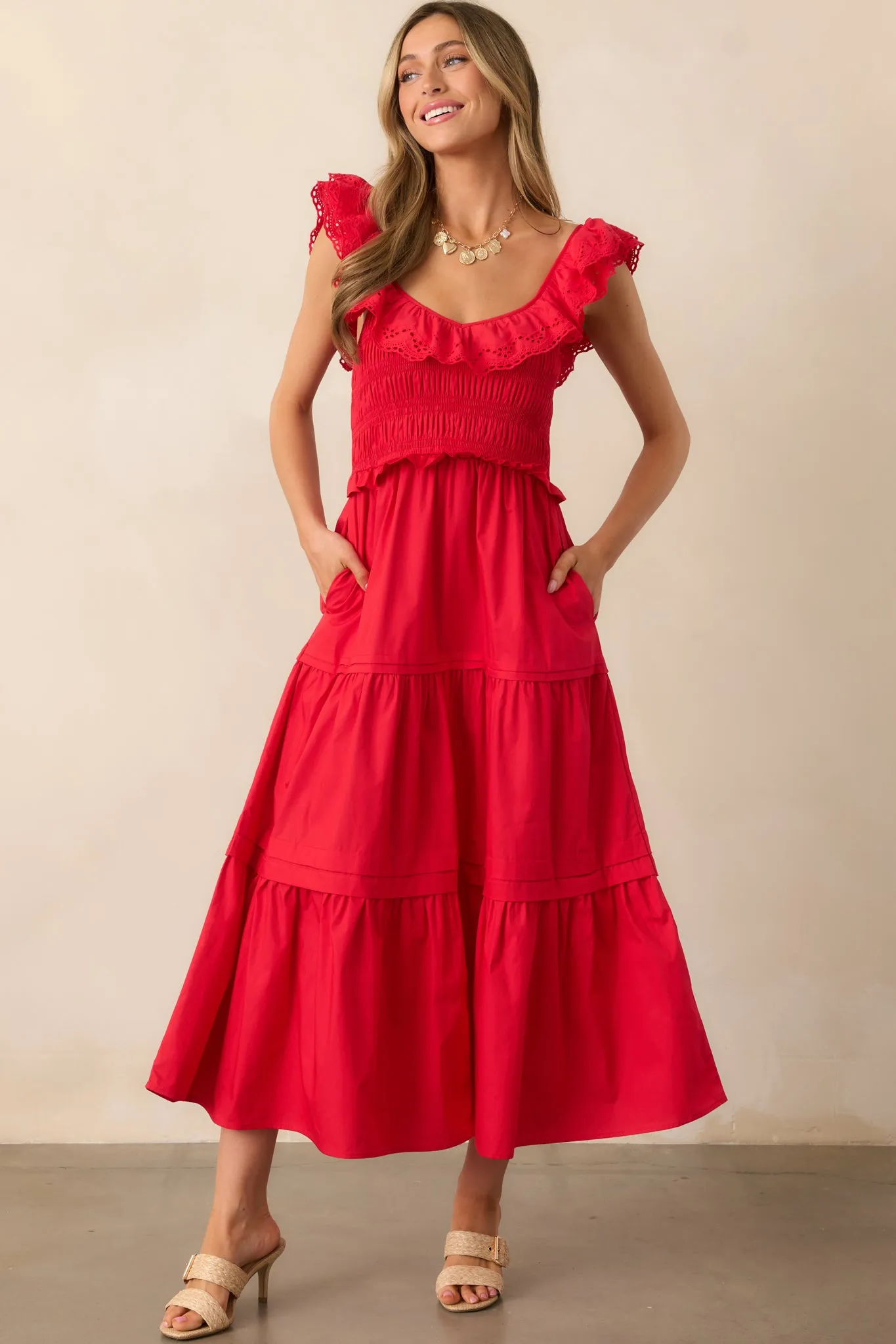 Patio Sunsets Cotton Red Maxi Dress