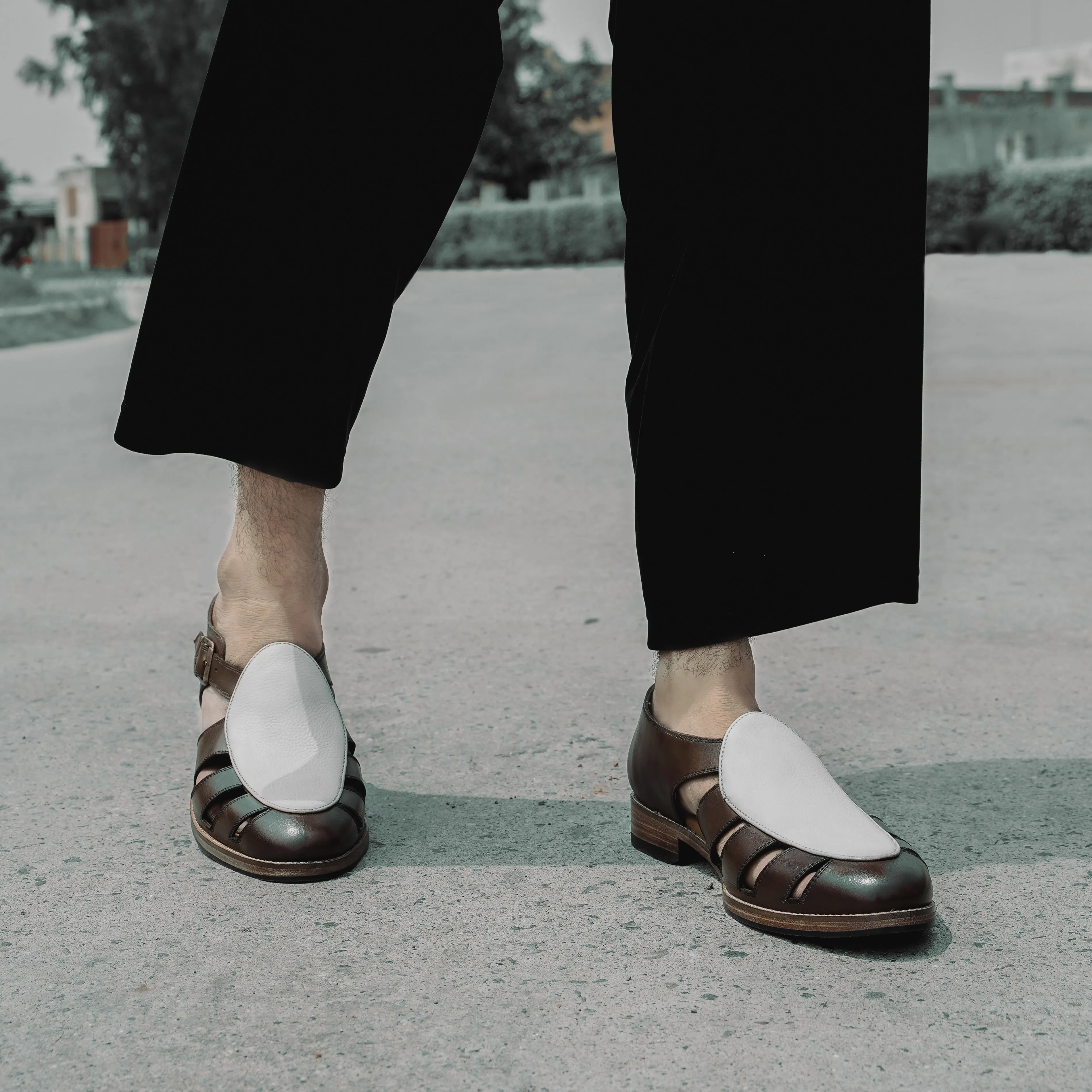 Pedri - Men's Brown Calf and White Pebble Grain Leather Sandal