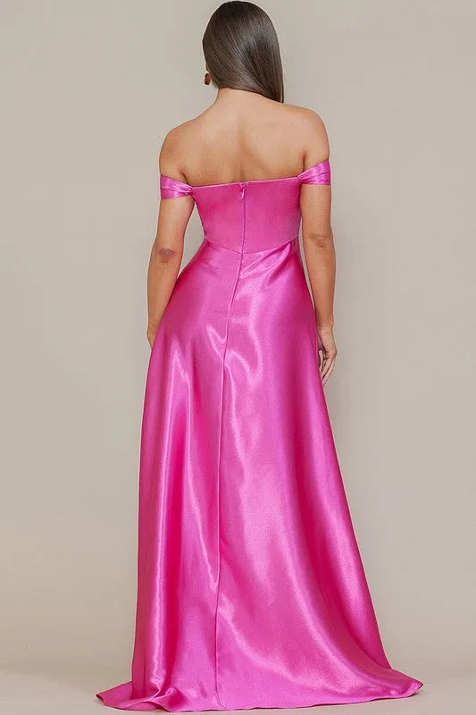 Pink Off Shoulder Corset Shiny Satin Slit Maxi Dress