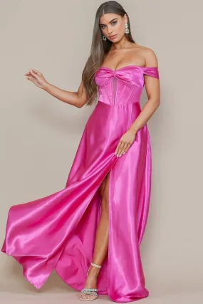 Pink Off Shoulder Corset Shiny Satin Slit Maxi Dress